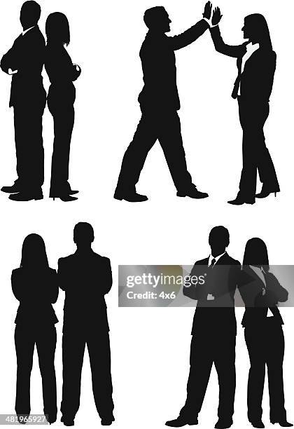 business executives standing together - business high five stock illustrations