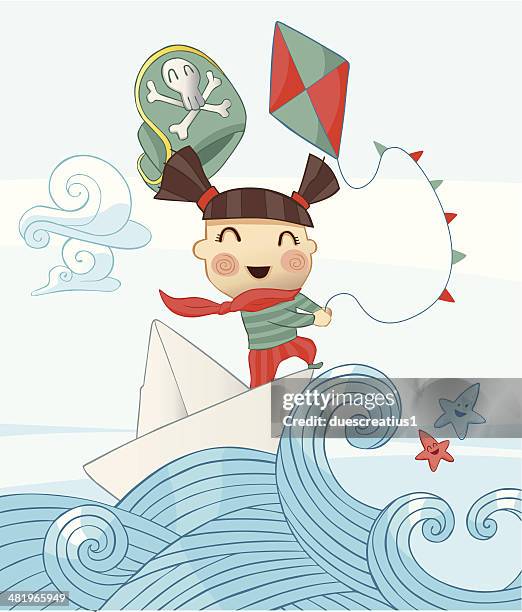 stockillustraties, clipart, cartoons en iconen met little pirate girl scene with a kite - miniature golf