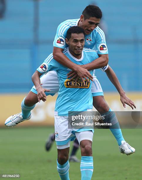 Carlos Lobaton of Sporting Cristal celebrates the second goal of his team against San Martin during a match between Sporting Cristal and San Martin...