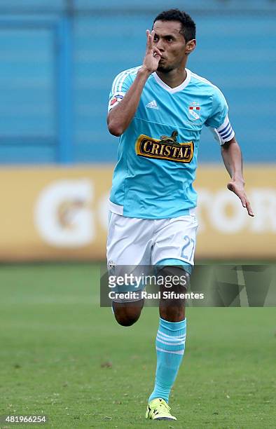 Carlos Lobaton of Sporting Cristal celebrates the second goal of his team against San Martin during a match between Sporting Cristal and San Martin...