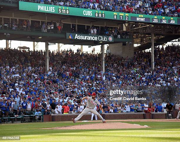 Cole Hamels of the Philadelphia Phillies pitches against the Chicago Cubs with two outs in the ninth inning on July 25, 2015 at Wrigley Field in...