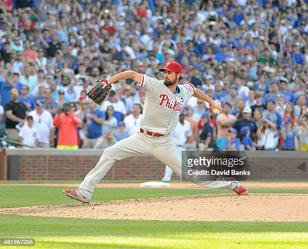 Cole Hamels of the Philadelphia Phillies throws his final pitch of his no hitter to Kris Bryant of the Chicago Cubson July 25, 2015 at Wrigley Field...
