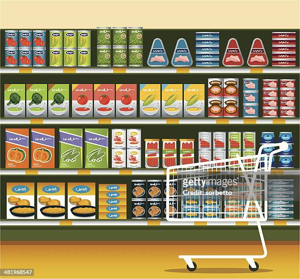 supermarkt mit lebensmittel in dosen - lebensmittel in dosen stock-grafiken, -clipart, -cartoons und -symbole