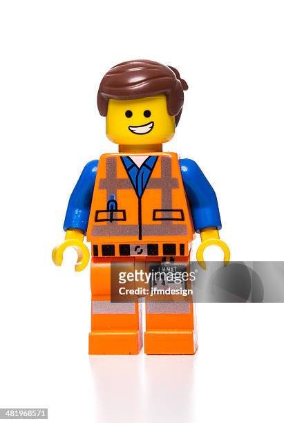 emmet lego movie mini figure character - lego blocks stock pictures, royalty-free photos & images
