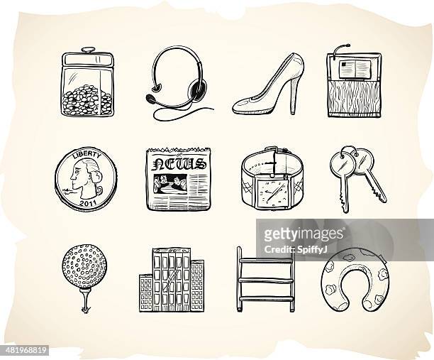 business and office sketch icons 7 - key fob stock illustrations