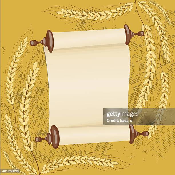 scroll and wheat, yellow grunge background - shavuot stock illustrations