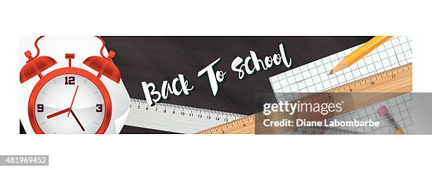 back to school supplies banner or web header with clock - graph paper stock illustrations