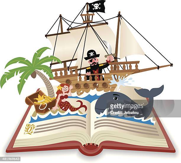 illustrazioni stock, clip art, cartoni animati e icone di tendenza di divertente pop-up libro di avventura sul mare - narrare storie