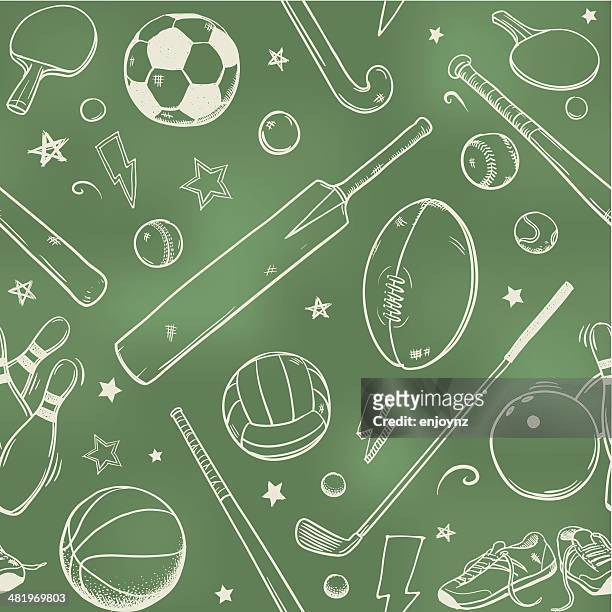 nahtlose sportausrüstung kreide zeichnung - cricket bowler stock-grafiken, -clipart, -cartoons und -symbole