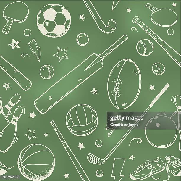 ilustraciones, imágenes clip art, dibujos animados e iconos de stock de equipo de deportes sin costuras de dibujo de tiza - cricket sport