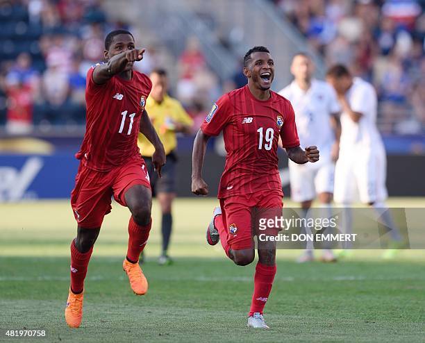Panama players Panama's Armando Cooper and Rolondo Blackburn run to goal keeper Luis Mejia after the shoot out during the 2015 CONCACAF Gold Cup...