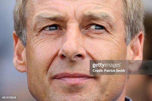 Head coach Jurgen Klinsmann of the United States looks on before playing Panama during the CONCACAF Gold Cup Third Place Match at PPL Park on July...