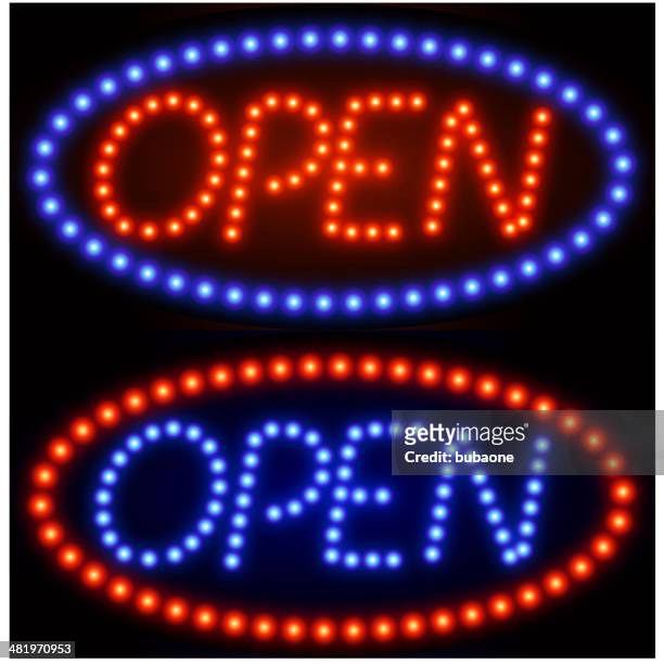 open tacky neon sign - neon open sign stock illustrations