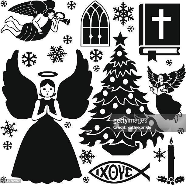 christian christmas design elements - stained glass angel stock illustrations