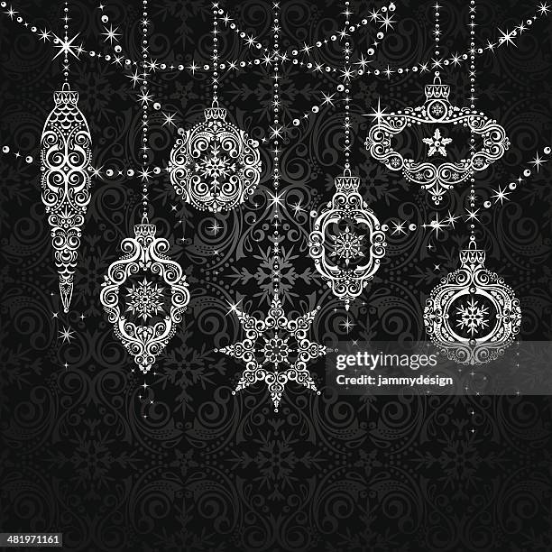 sparkling christmas ornaments - black lace background stock illustrations