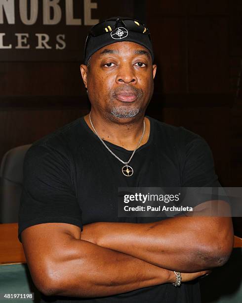 Rapper Chuck D of the Rap Group "Public Enemy" signs copys of his new album "Man Plans God Laughs" at Barnes & Noble at The Grove on July 25, 2015 in...