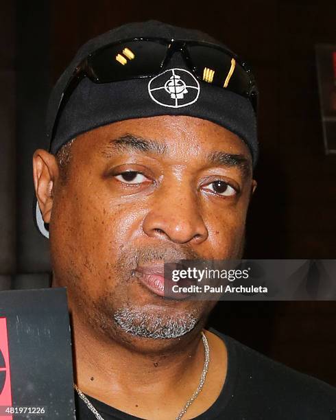 Rapper Chuck D of the Rap Group "Public Enemy" signs copys of his new album "Man Plans God Laughs" at Barnes & Noble at The Grove on July 25, 2015 in...