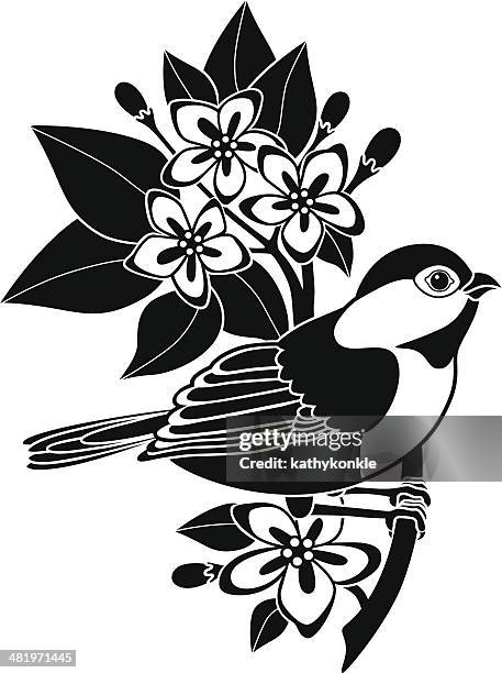 chickadee and mayflowers - mayflower stock illustrations