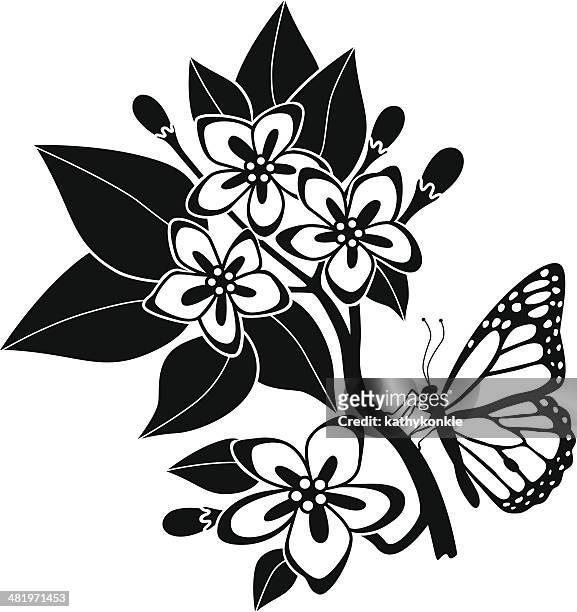 stockillustraties, clipart, cartoons en iconen met mayflowers and monarch butterfly - meidoorn