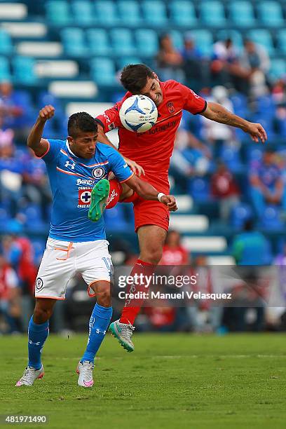 Joao Rojas of Cruz Azul fights for the ball with Facundo Erpen of Morelia during a 1st round match between Cruz Azul and Morelia as part of the...