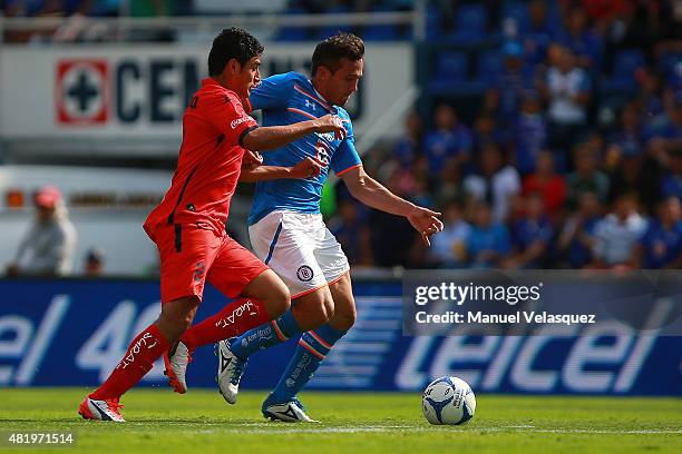 Jeronimo Amione of Cruz Azul struggles for the ball with Enrique Perez of Morelia during a 1st round match between Cruz Azul and Morelia as part of...