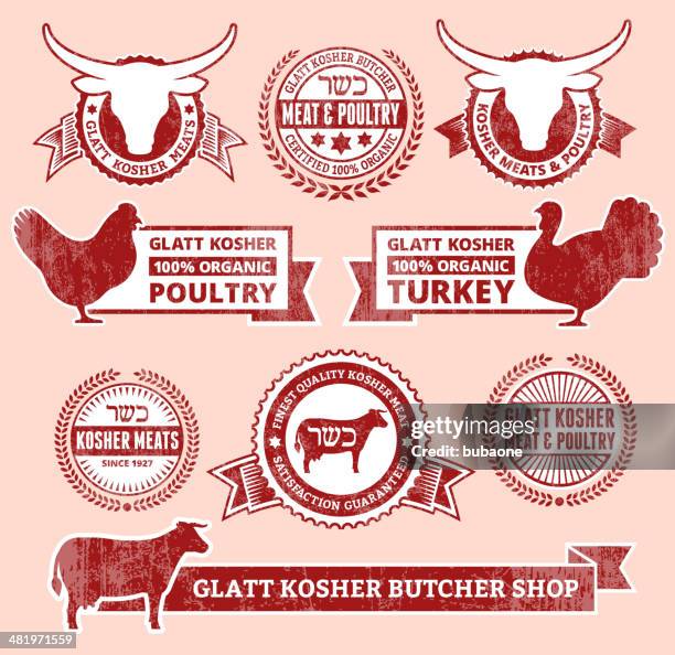 organic kosher meat and poultry grunge vector icon set - meat processing stock illustrations