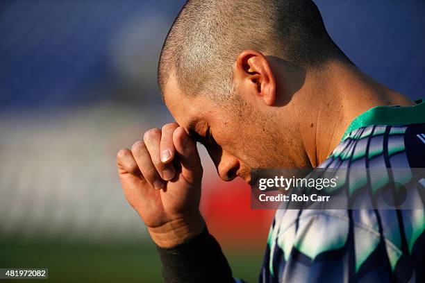 Joe Walters of the Chesapeake Bayhawks listens to the national anthem before the start of their game against the Charlotte Hounds during the first...