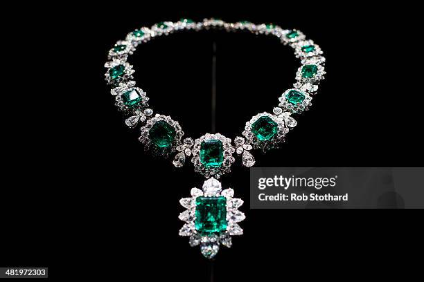 Bulgari necklace of Colombian emeralds surrounded by diamonds, supporting a large pendent emerald of 23.44 carats, owned by actor Elizabeth Taylor on...