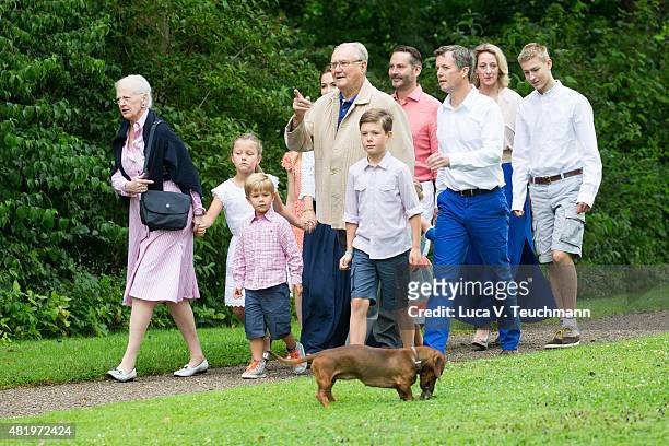 Queen Margrethe II of Denmark and Prince Henrik of Denmark with grandchildren and members of the Danish Royal Family are seen during the annual...