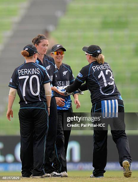 Nicola Browne of New Zealand celebrates the wicket of Shashikala Siriwardena captain of Sri Lanka during the ICC Women's World Twenty20 playoff match...