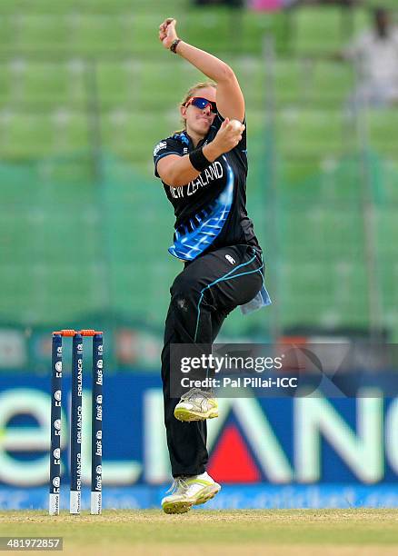 Frankie Mackay of New Zealand bowls during the ICC Women's World Twenty20 playoff match 1 between New Zealand Women and Sri Lanka Women played at...