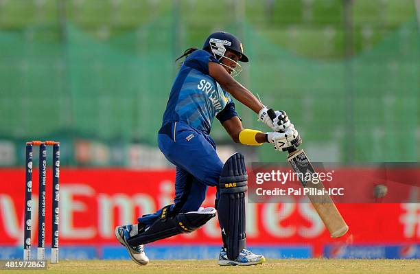 Chamari Athapaththu of Sri Lanka bats during the ICC Women's World Twenty20 playoff match 1 between New Zealand Women and Sri Lanka Women played at...