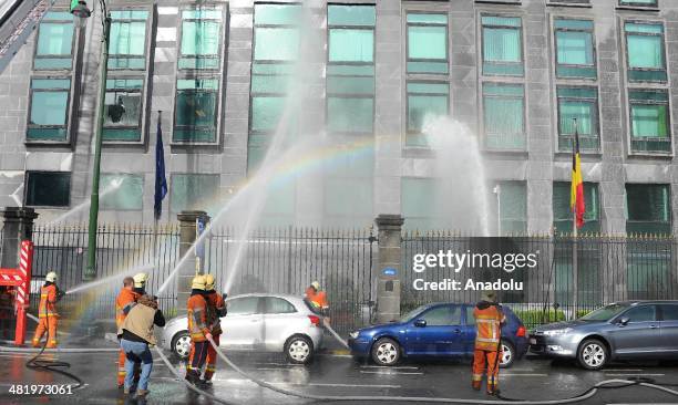 Firefighters stage a protest demanding better working conditions, in central Brussels April 2, 2014 in Brussels, Belgium. Around 150 firefighters...