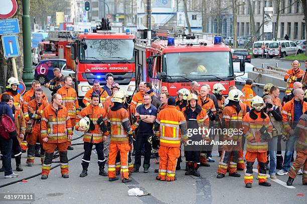 Firefighters stage a protest demanding better working conditions, in central Brussels April 2, 2014 in Brussels, Belgium. Around 150 firefighters...