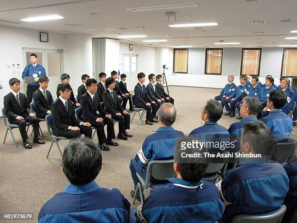 New employees attend a welcoming ceremony at Tokyo Electric Power Co Kashiwazaki Kariwa Nuclear Power Plant on April 1, 2014 in Kashiwazaki, Niigata,...