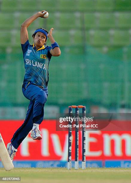 Shripali Weerakoddy of Sri Lanka bowls during the ICC Women's World Twenty20 playoff match 1 between New Zealand Women and Sri Lanka Women played at...