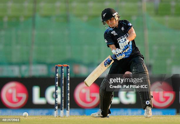 Sara McGlashan of New Zealand bats during the ICC Women's World Twenty20 playoff match 1 between New Zealand Women and Sri Lanka Women played at...