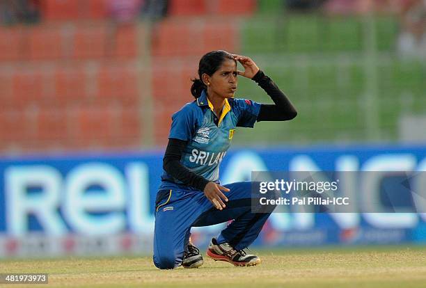 Udeshika Prabodani of Sri Lanka reacts after an unsuccessful appeal during the ICC Women's World Twenty20 playoff match 1 between New Zealand Women...