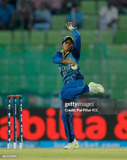 Shashikala Siriwardena of Sri Lanka bowls during the ICC Women's World Twenty20 playoff match 1 between New Zealand Women and Sri Lanka Women played...