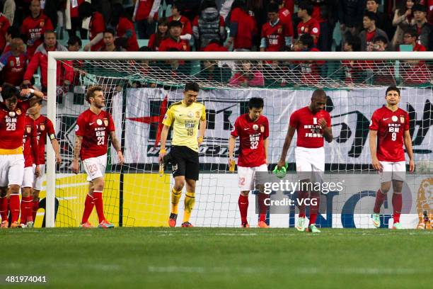 Guangzhou Evergrande players react after the AFC Champions League match between Jeonbuk Hyundai Motors and Guangzhou Evergrande at Jeonju World Cup...