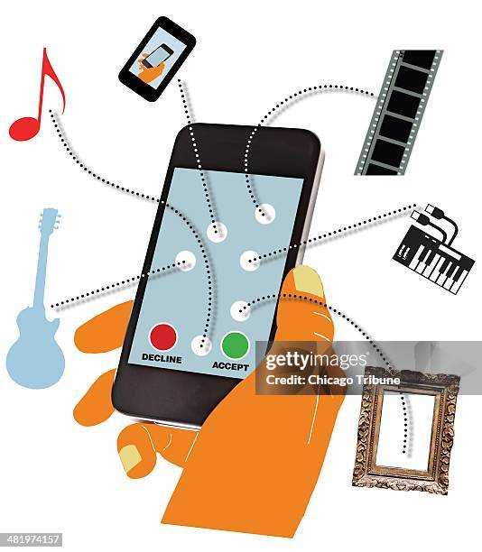 Dpi Mike Miner color illustration of a person holding a smartphone and looking at all the arts choices he can either accept or decline. Chicago...