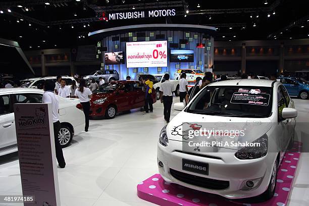 Hello Kitty display with the Mitsubishi Mirage during the 35th Bangkok International Motor Show. The 35th Bangkok International Motor Show will be...