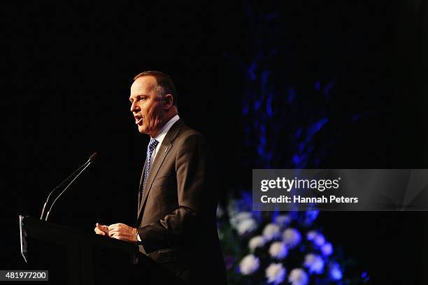 New Zealand Prime Minster John Key addresses the Annual National Party Conference at Sky City on July 26, 2015 in Auckland, New Zealand.