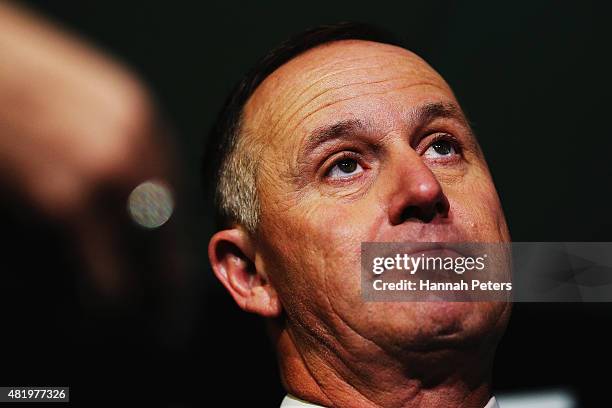 Prime Minster, John Key speaks to the media following his speech at the Annual National Party Conference at Sky City on July 26, 2015 in Auckland,...