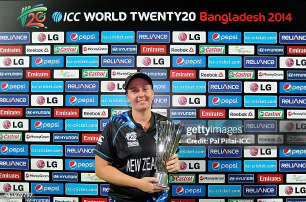 Rachel Priest of New Zealand poses with the player of the match award during the presentation after the ICC Women's World Twenty20 playoff match 1...