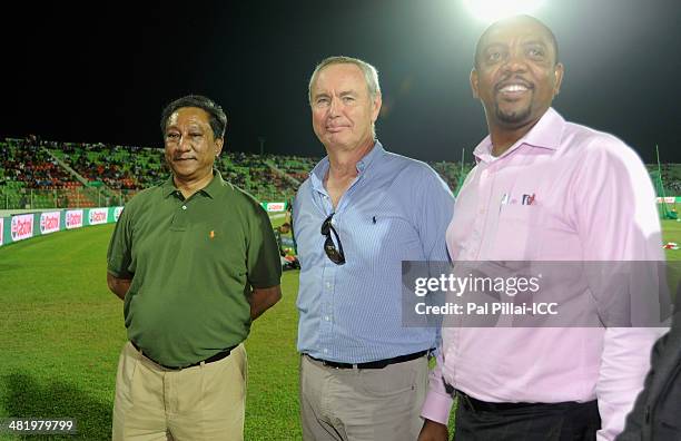 Nazmul Hasan, President Bangladesh cricket board, Alan Isaac, President ICC and Dave Cameron, President of West Indies cricket board pose after the...