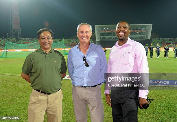 Nazmul Hasan, President Bangladesh cricket board, Alan Isaac, President ICC and Dave Cameron, President of West Indies cricket board pose after the...