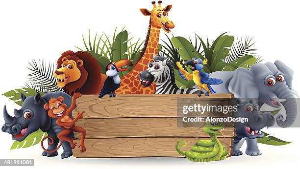 stockillustraties, clipart, cartoons en iconen met wild animals with banner - dierentuin