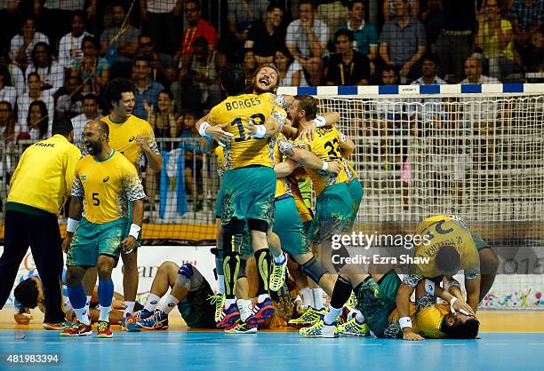 Brazil celebrates after they beat Argentina to win the men's handball final on Day 15 of the Toronto 2015 Pan Am Games on July 25, 2015 in Toronto,...