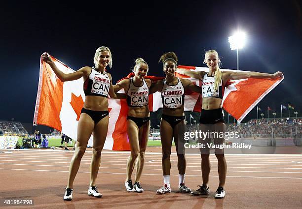 Brianne Theisen-Eaton, Sarah Wells, Taylor Sharpe and Sage Watson of Canada celebrate winning Bronze in the Women's 4x400m Final during Day 15 of the...